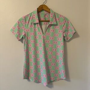 Lulu-B - Green and Pink Geometric Stretchy Polo Shirt | Size XS